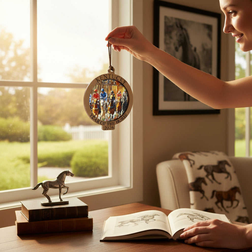 Person holding a Kentucky Year of the Horse 2026 ornament with a scenic view, surrounded by books and a horse figurine in a room with a window.