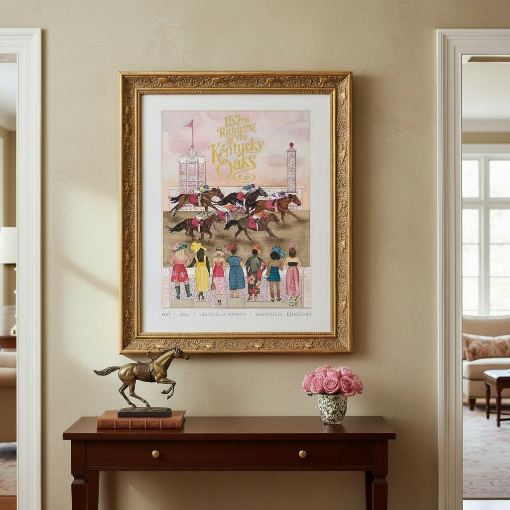 152nd Kentucky Oaks limited-edition print featuring gold foil accents and vibrant lily imagery.
