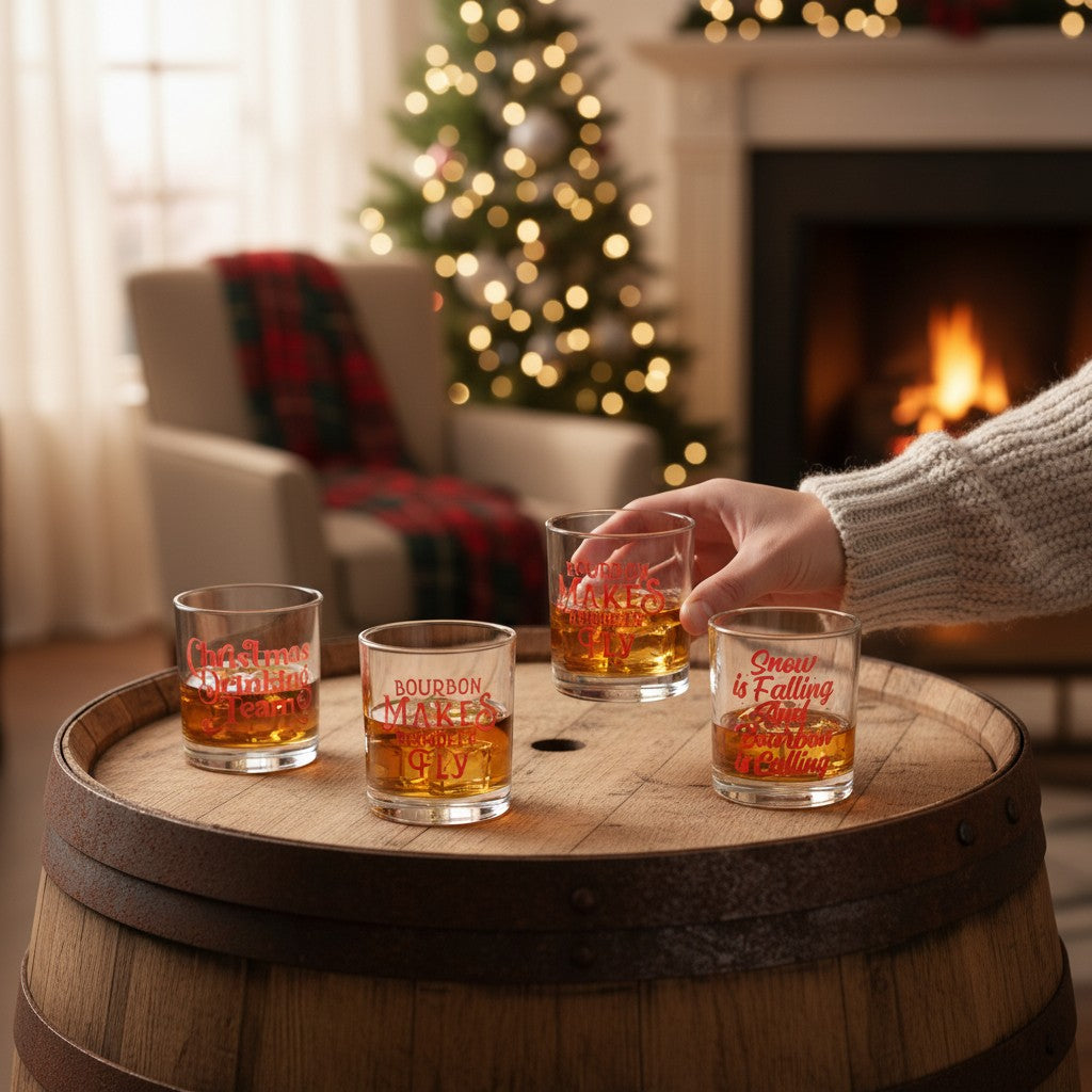 A holiday table scene featuring the humorous Christmas rocks glasses.