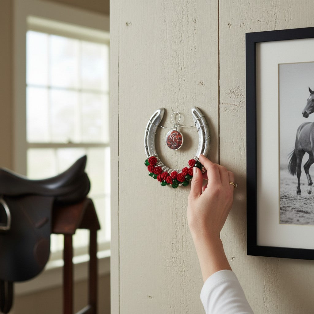 Person hanging a decorative horseshoe with red and green beads on a wall next to a framed picture of a horse.