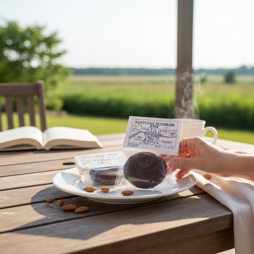 Person holding a Kentucky Bluegrass Pie in its Dark Chocolate with Almonds, sitting at an outdoor table with a book and cookies.