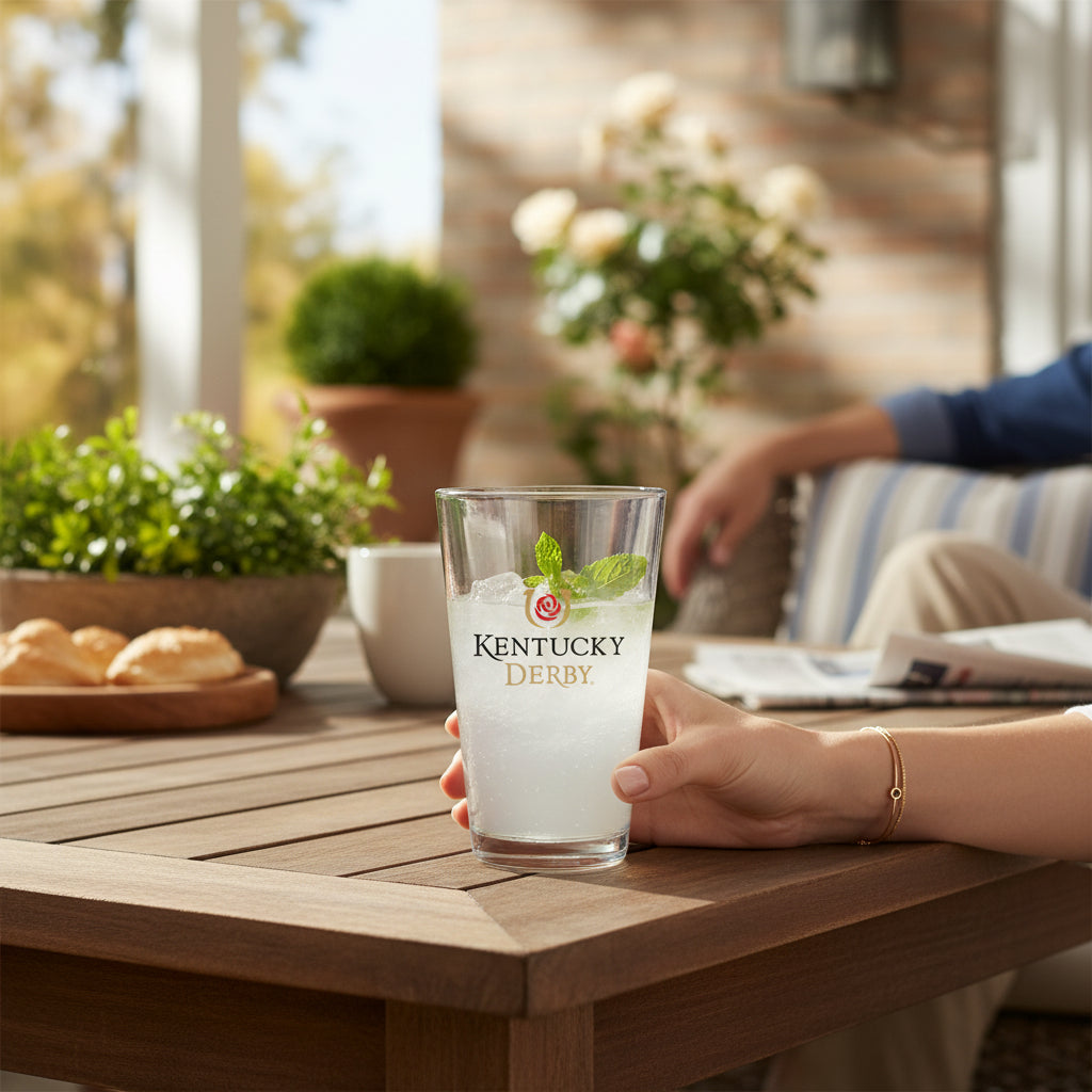 A clear 16 oz pint glass featuring the official Kentucky Derby logo held by a person on a wooden table outdoors.