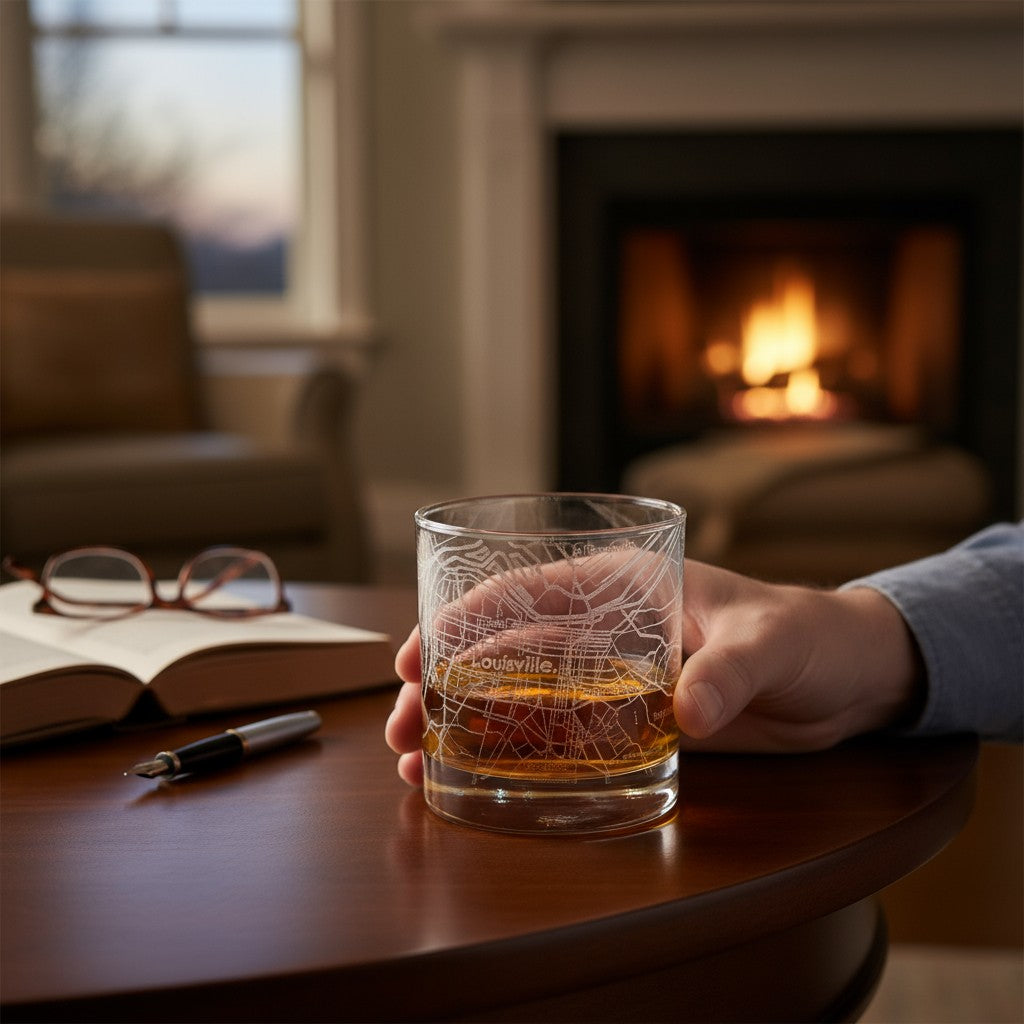 The Louisville map whiskey glass held in hand to show its size and heavy base.