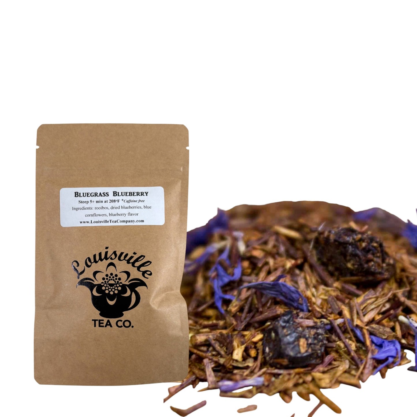 The Louisville Tea Co. "Bluegrass Blueberry" flavored loose leaf tea in its 50g resealable pouch.