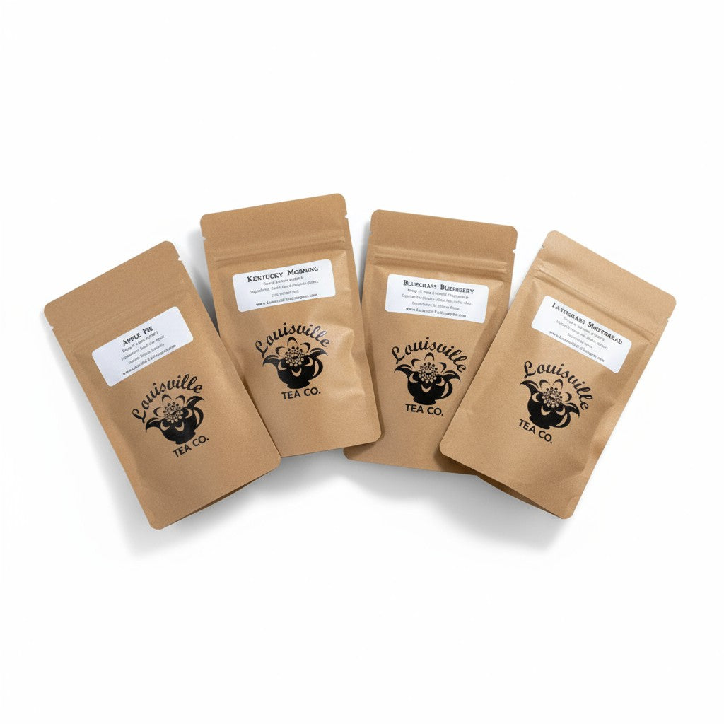 A group photo of the four Louisville Tea Co. 50g tea pouches, showing the variety of flavors.