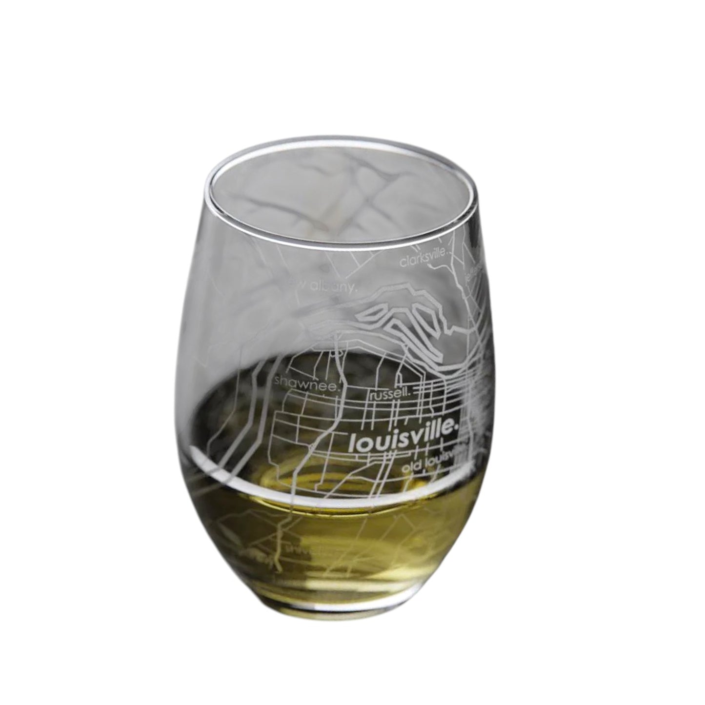 Clear glass with a map etching of Louisville, filled with white wine on a white background