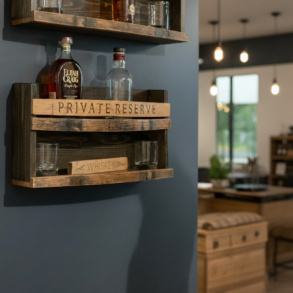 Luxe Bar Shelf Private Reserve displayed in a tasting room showcasing barware and décor.