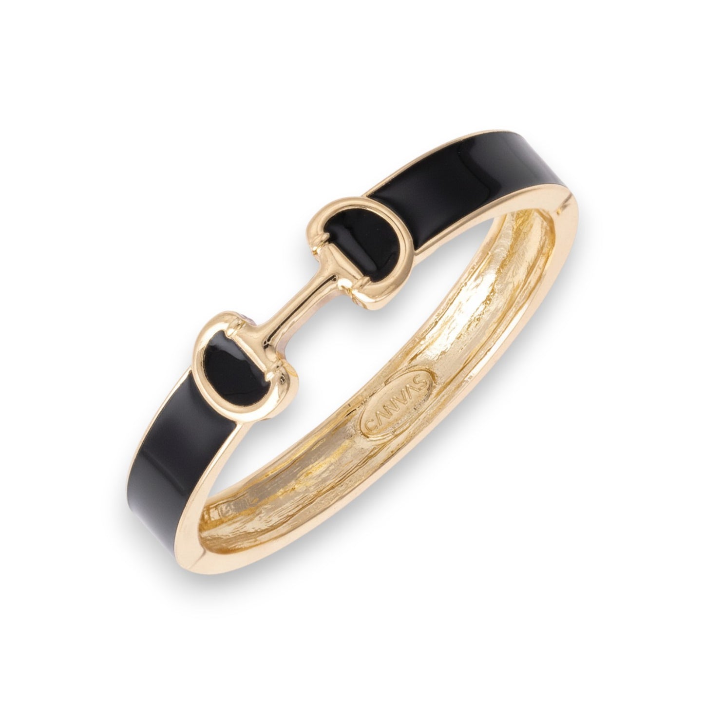Close-up of the Majesty Horsebit Bangle in sleek black enamel.