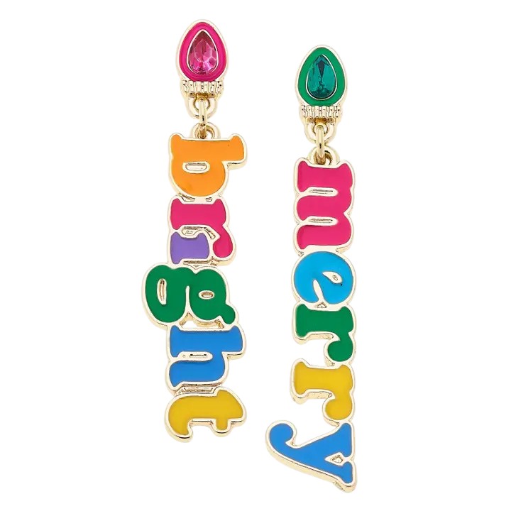 A pair of dangle earrings with the words "Merry" and "Bright" in multi-color enamel letters.