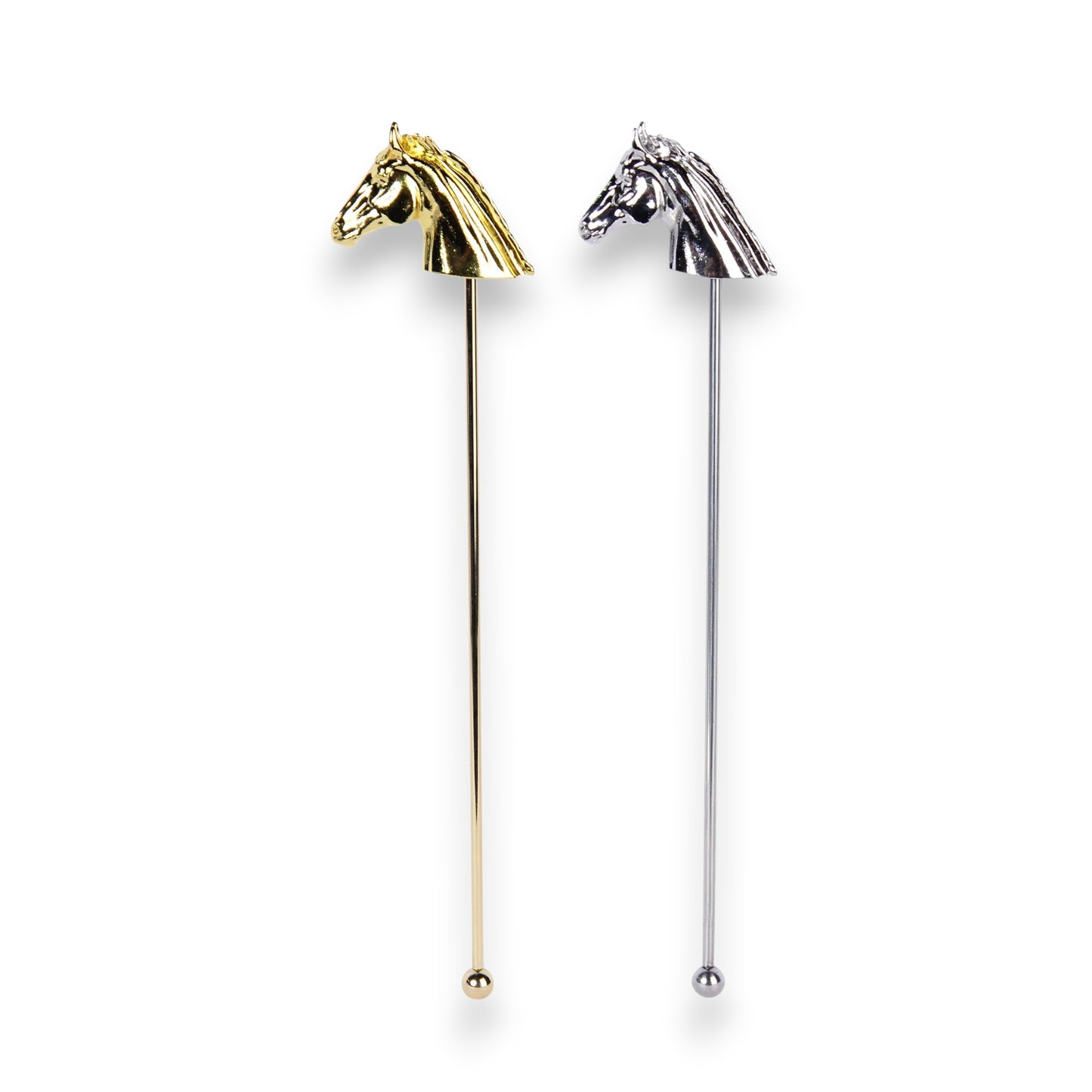 A pair of metal cocktail stirrers topped with an elegant horse head design, one in a polished gold finish and the other in a sleek silver finish.