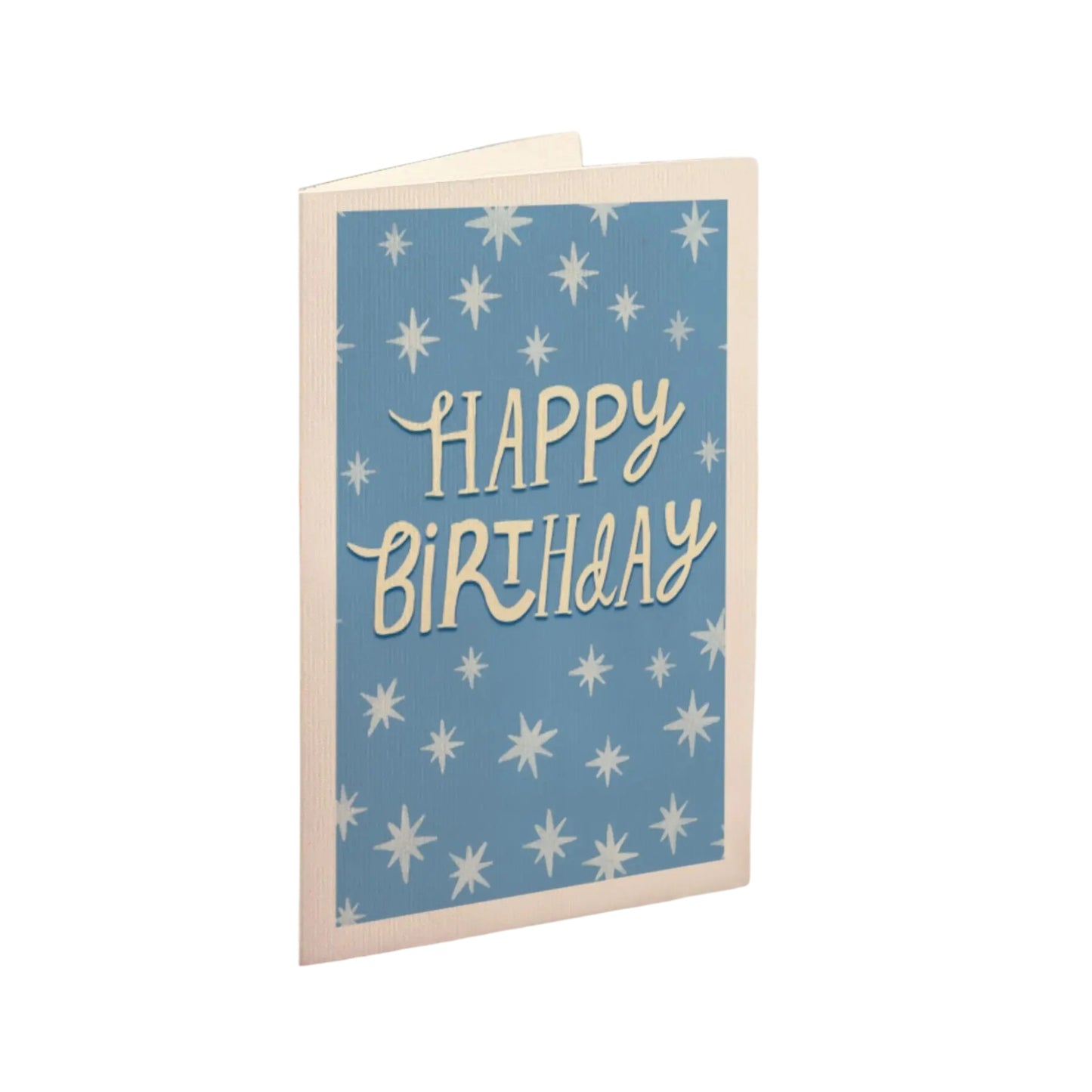 Blue birthday card with white star patterns and 'Happy Birthday' text on a white background