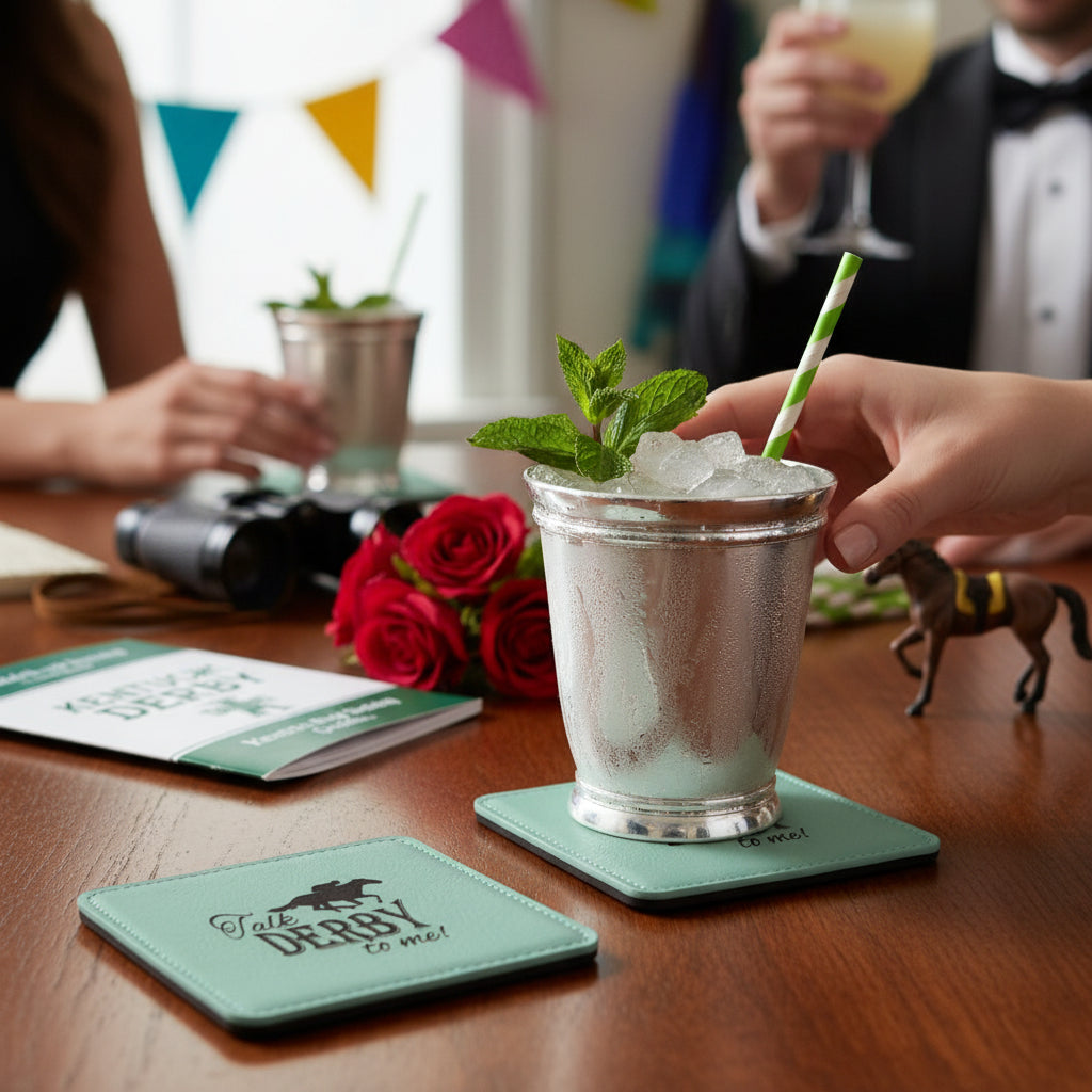 A silver mint julep cup resting on the "Talk Derby to Me" coaster at a festive Derby party table setting.