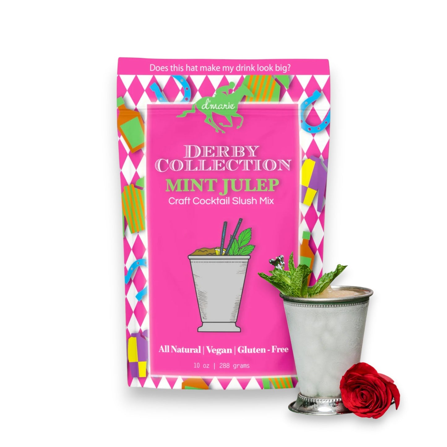 Derby Collection Mint Julep cocktail mix package with a mint julep glass and rose on a white background