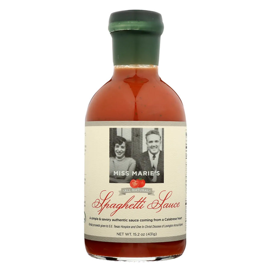 A jar of miss Marie's spaghetti sauce on a white background