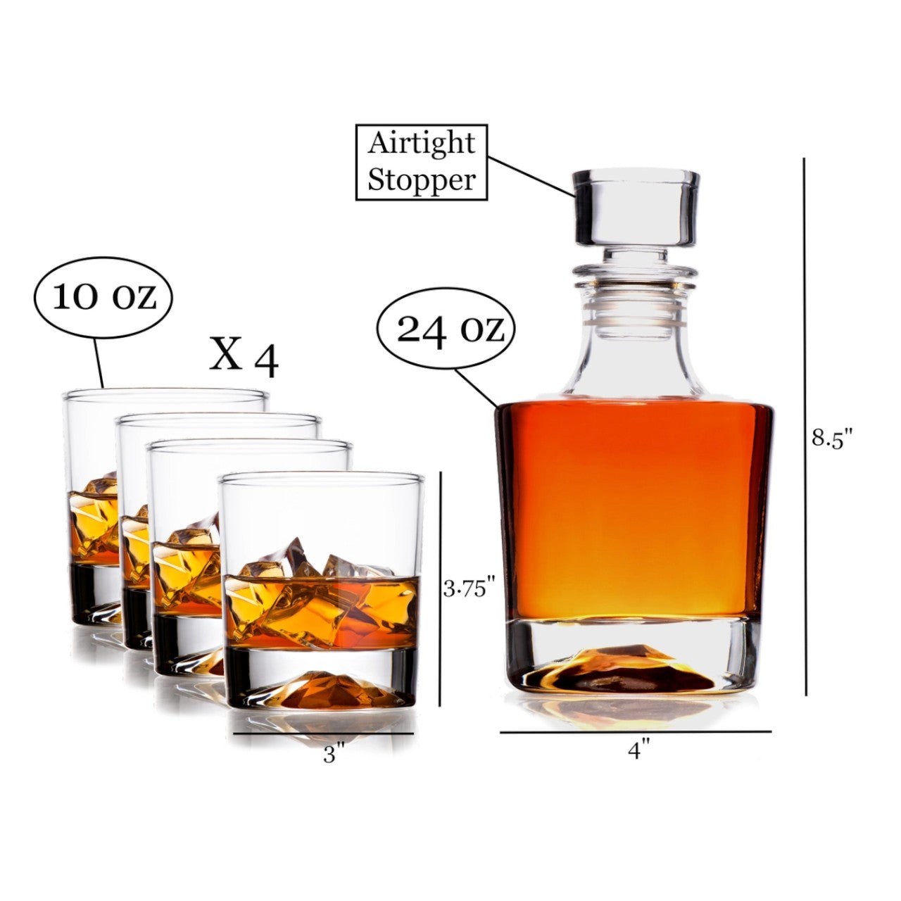 Set of whiskey glasses and a decanter with measurements and details on a white background