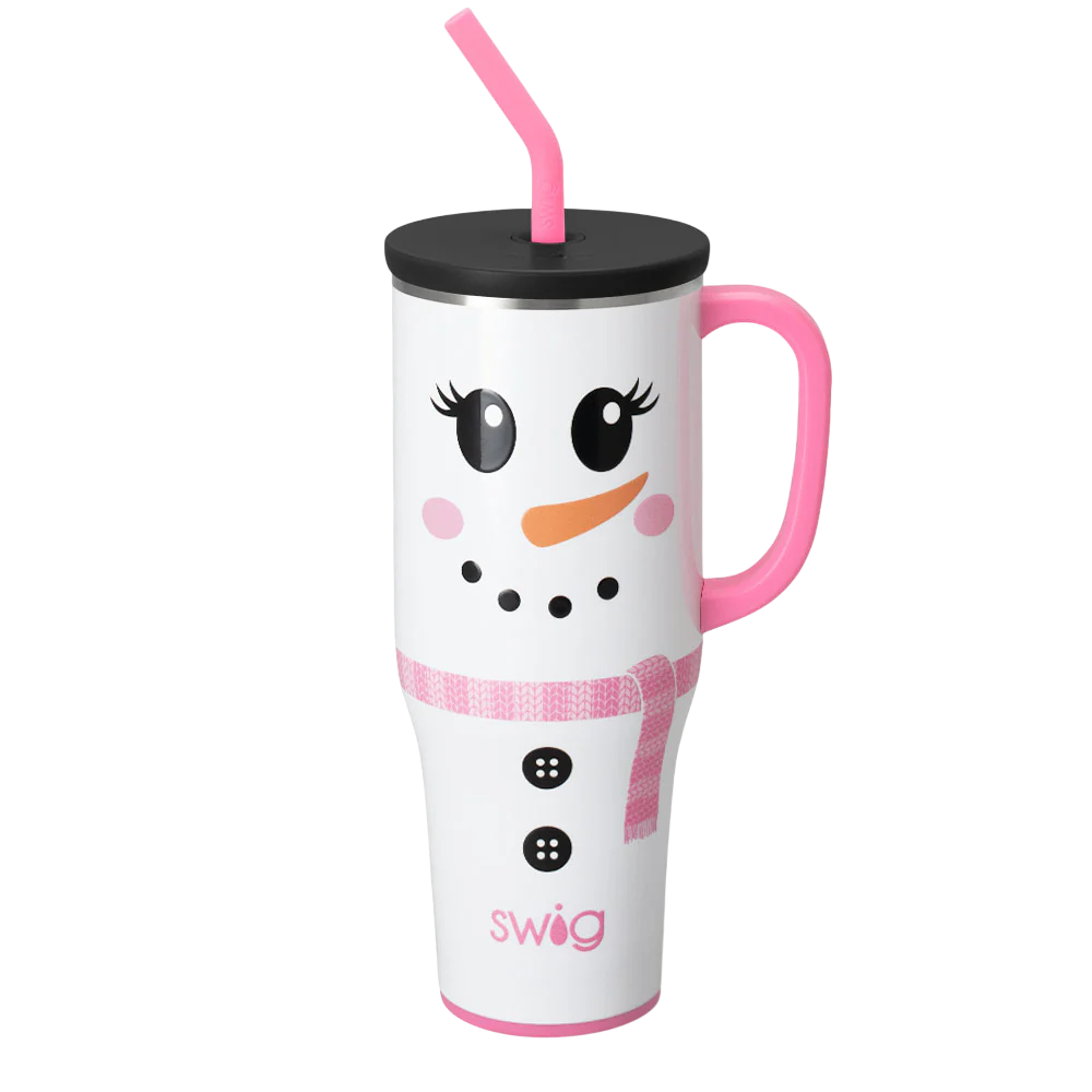 Ms. Frost 40oz Mega Mug with pink scarf and snowman face, handle and straw lid, festive holiday tumbler
