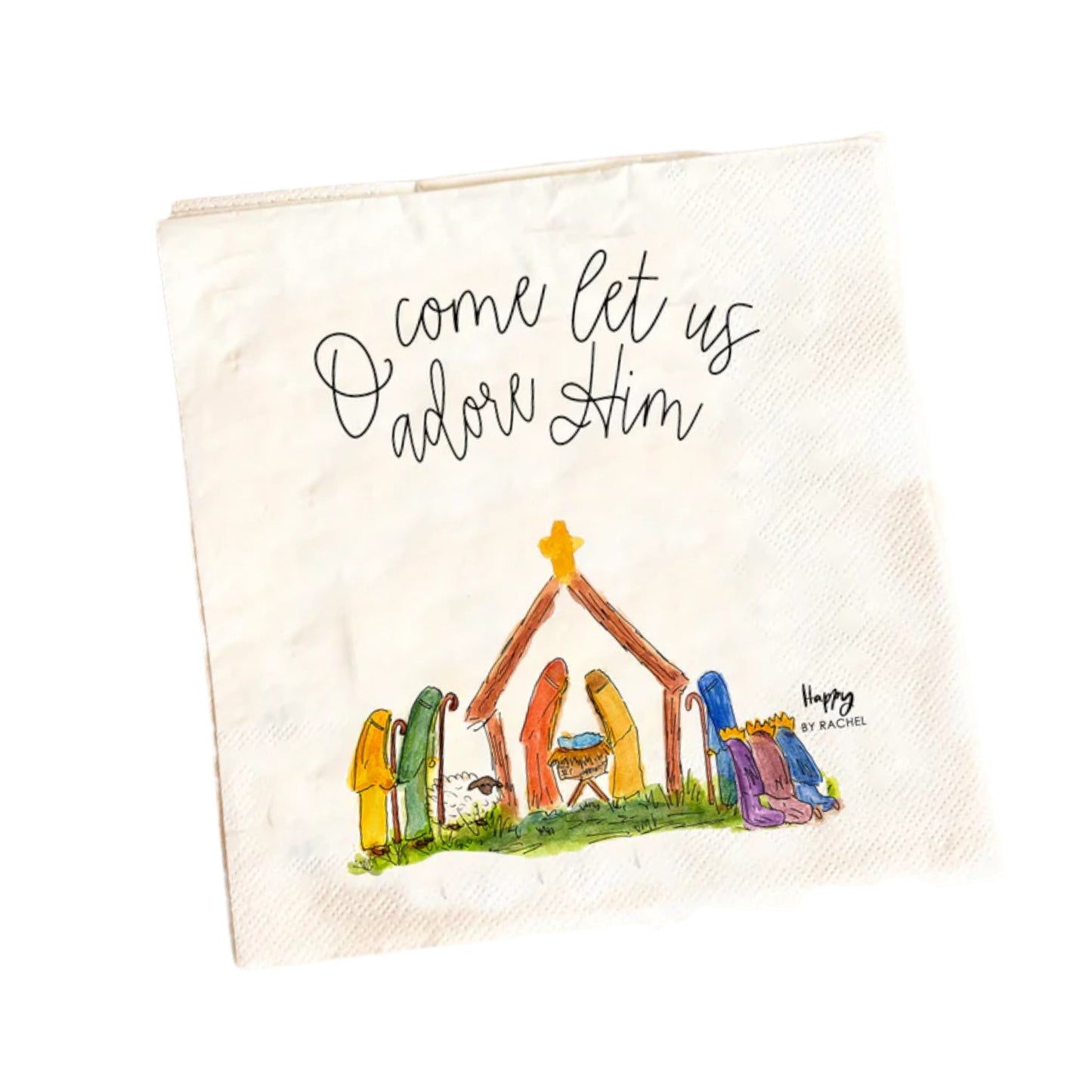 A close-up detail shot of the hand-painted nativity artwork on the 2-ply Christmas napkin.