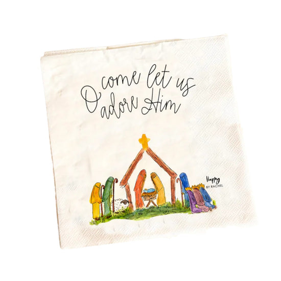 A close-up detail shot of the hand-painted nativity artwork on the 2-ply Christmas napkin.
