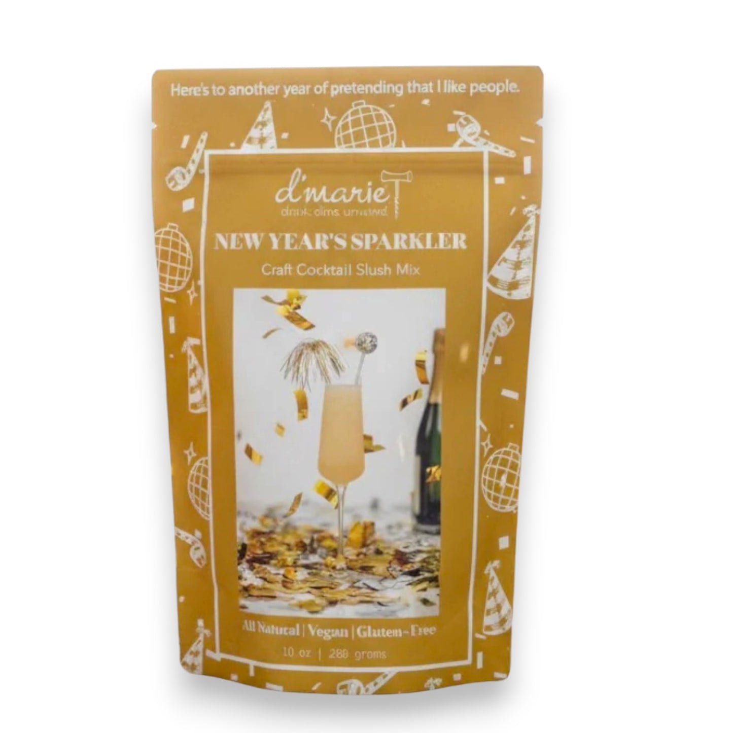 Packaging of d'marie New Year's Sparkler craft cocktail slush mix on a white background