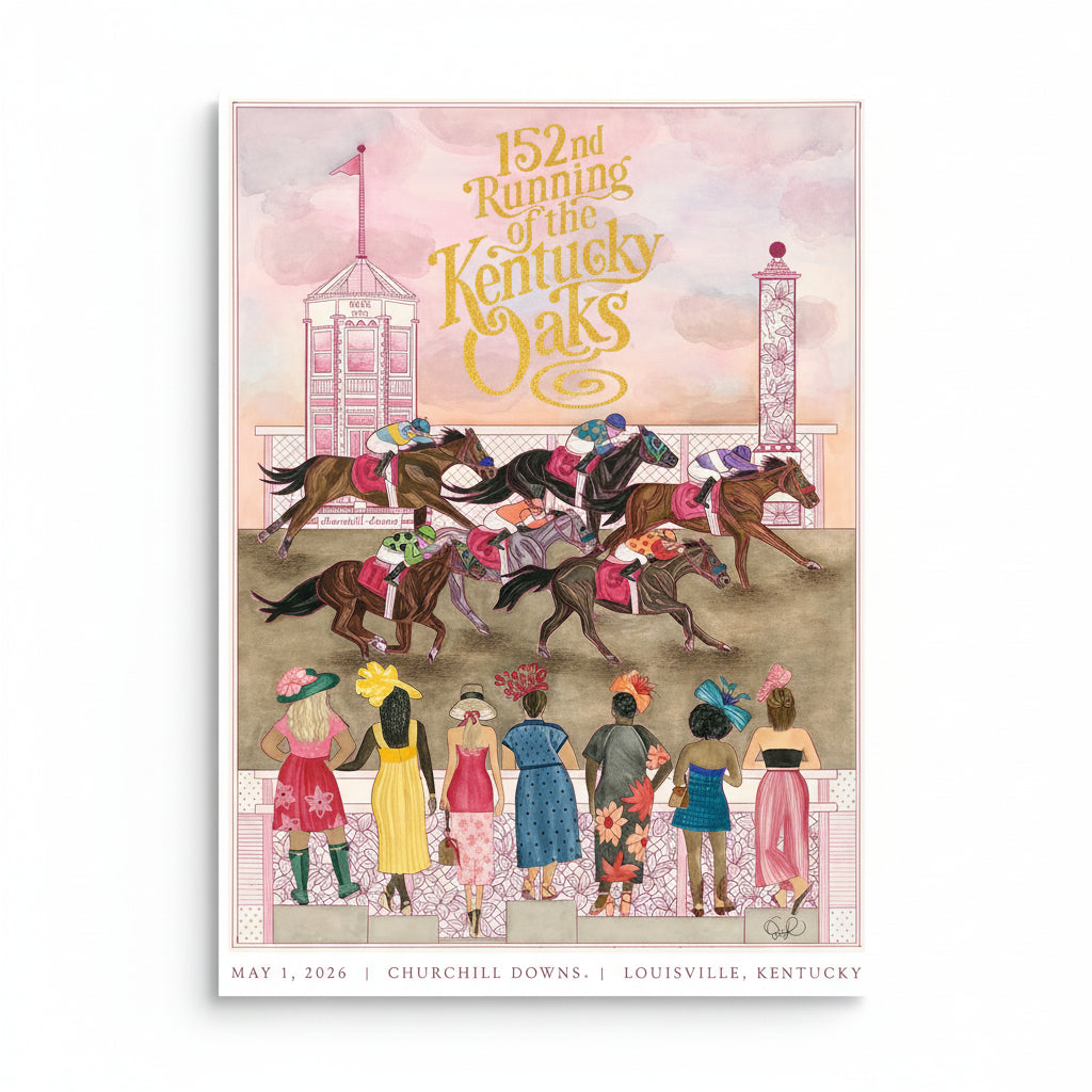Front view of the 152nd Kentucky Oaks limited-edition print featuring gold foil accents and vibrant lily imagery.