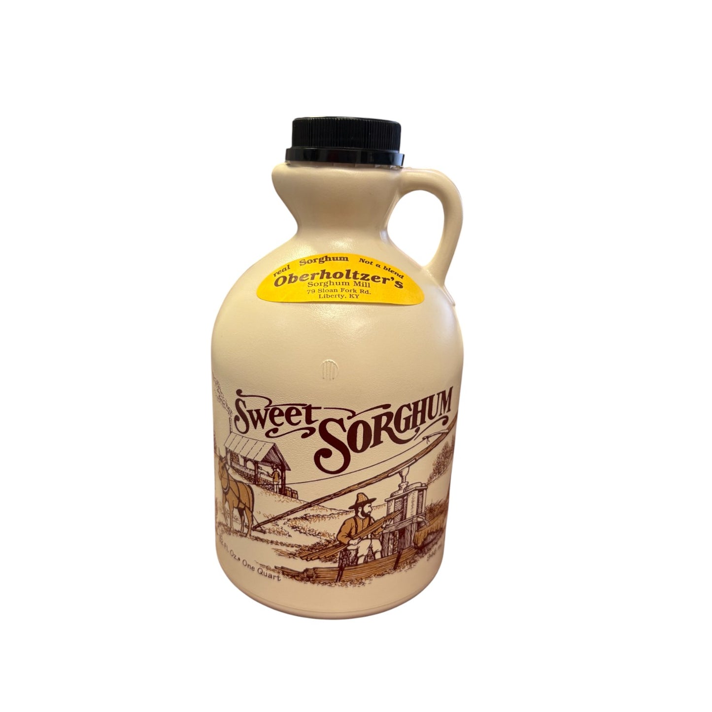 A large 32-ounce jug of Oberholtzer’s Kentucky Sweet Sorghum with its classic label.