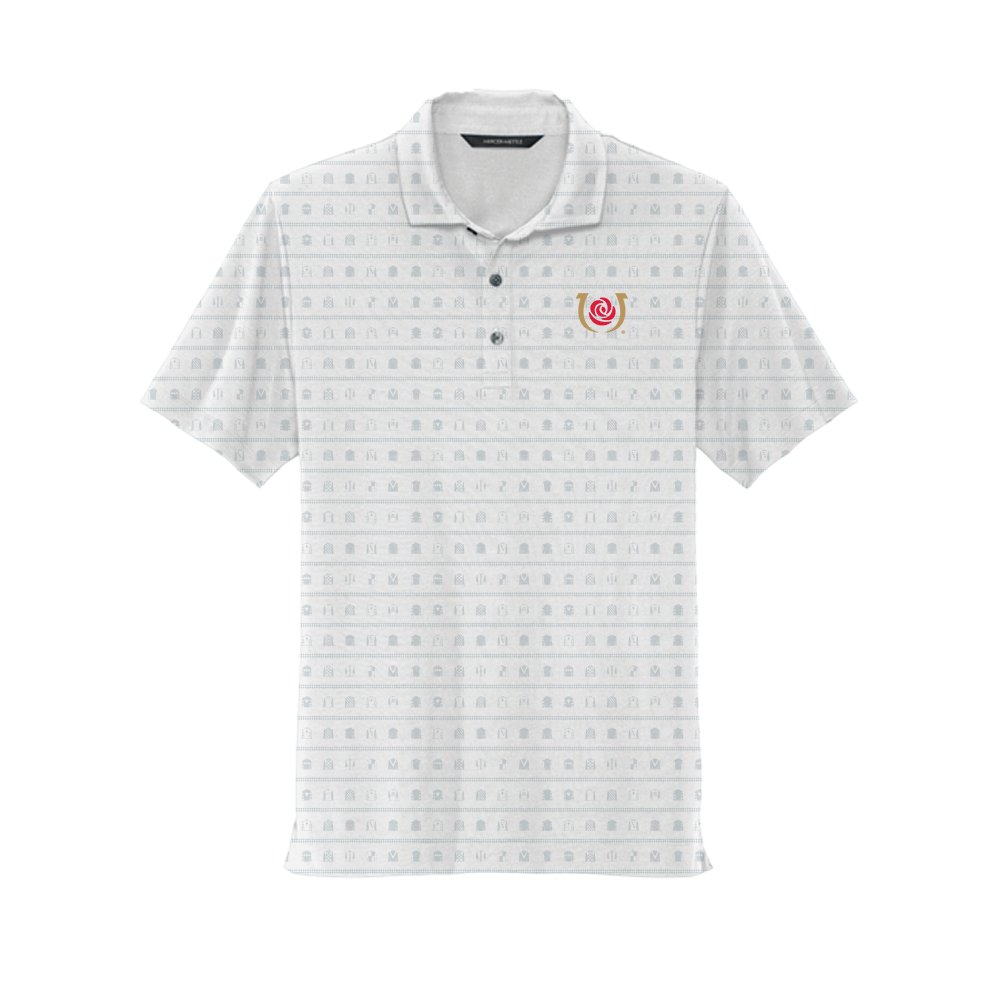 Front view of the white Official 152 Kentucky Derby Polo featuring a subtle pattern and chest logo.