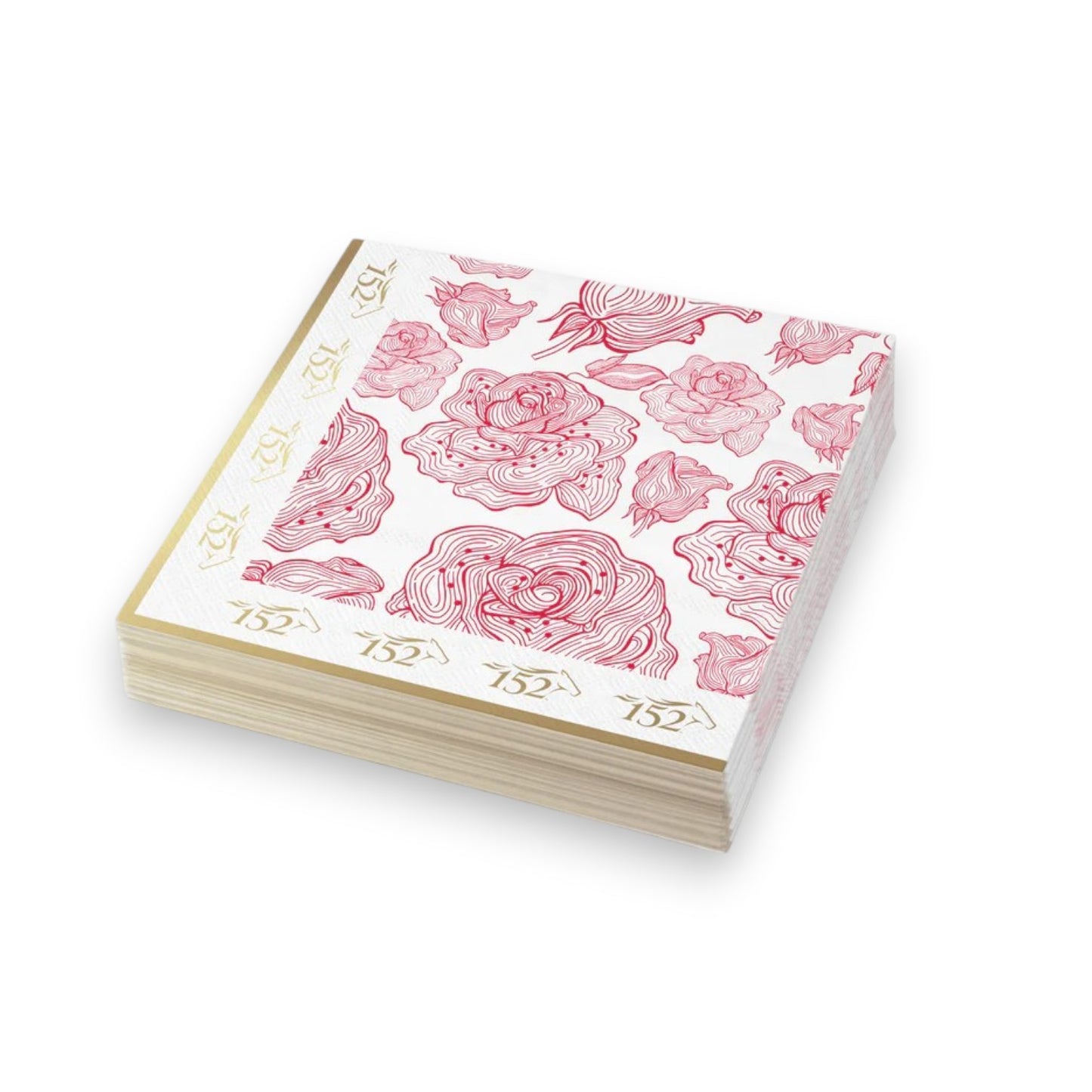 A neatly stacked pile of white luncheon napkins printed with the official 152nd Kentucky Derby logo, resting on a festive party buffet table.
