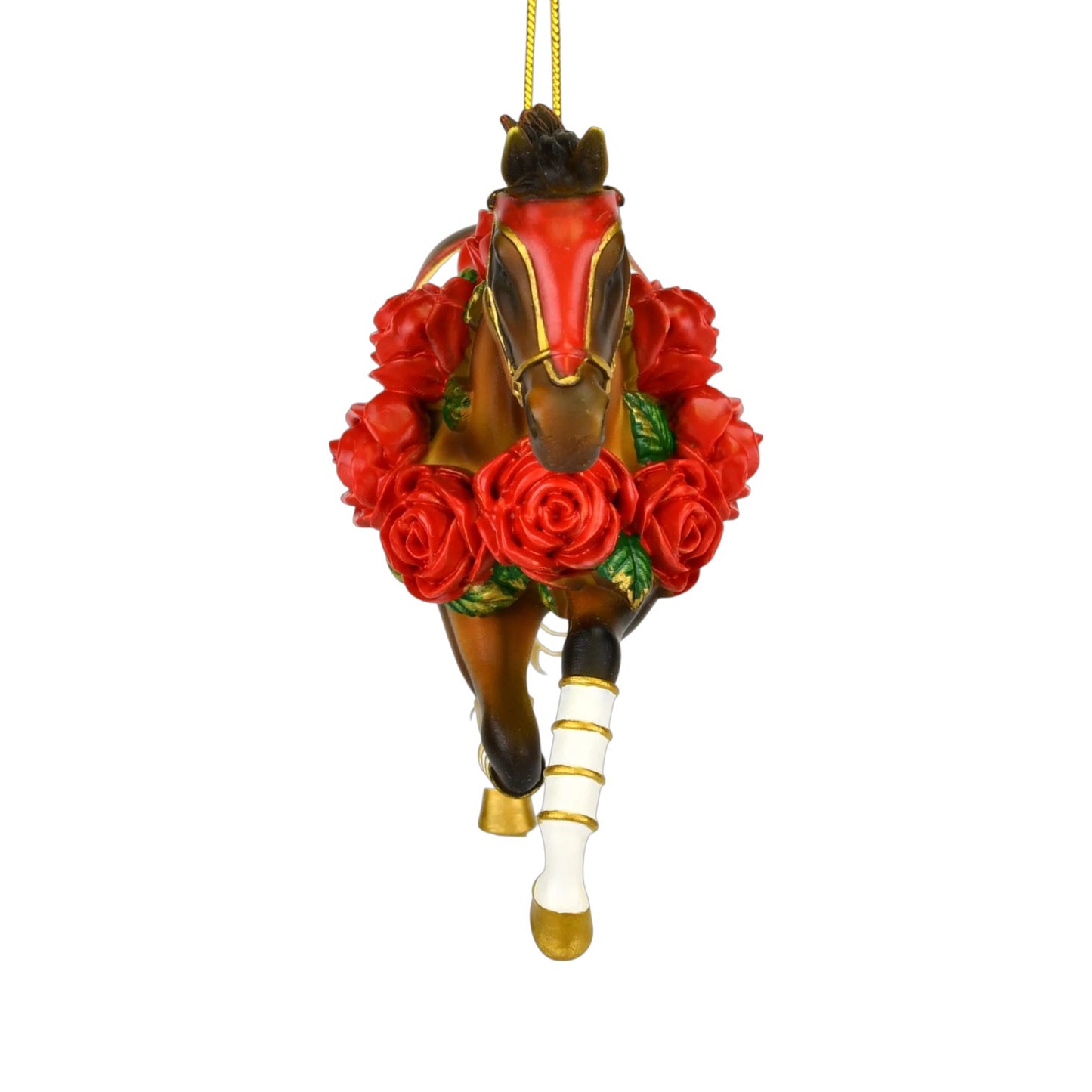 Front view of the official Kentucky Derby racehorse ornament, highlighting its rose garland and gold accents.