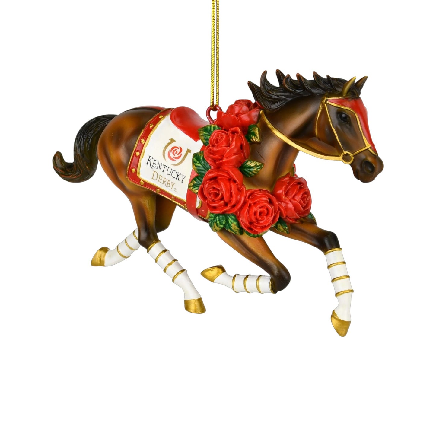The Kentucky Derby racehorse ornament official Kentucky Derby racehorse ornament, highlighting its rose garland and gold accents.