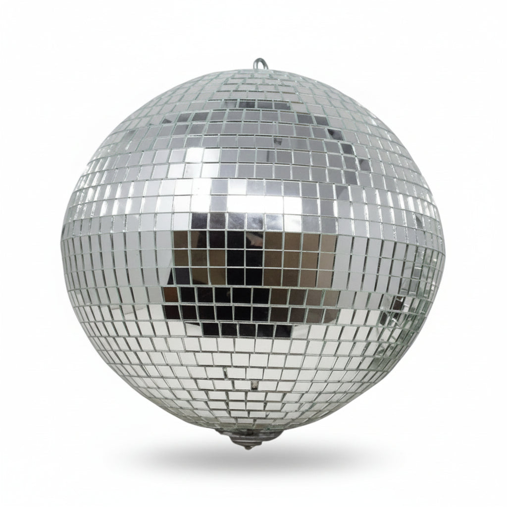 A handcrafted disco ball by Omega Mirror hanging from the ceiling, casting sparkling light around a room.