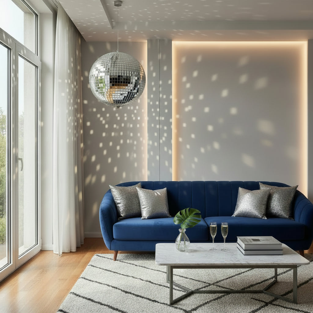 Modern living room with a blue sofa, marble coffee table, and disco ball.