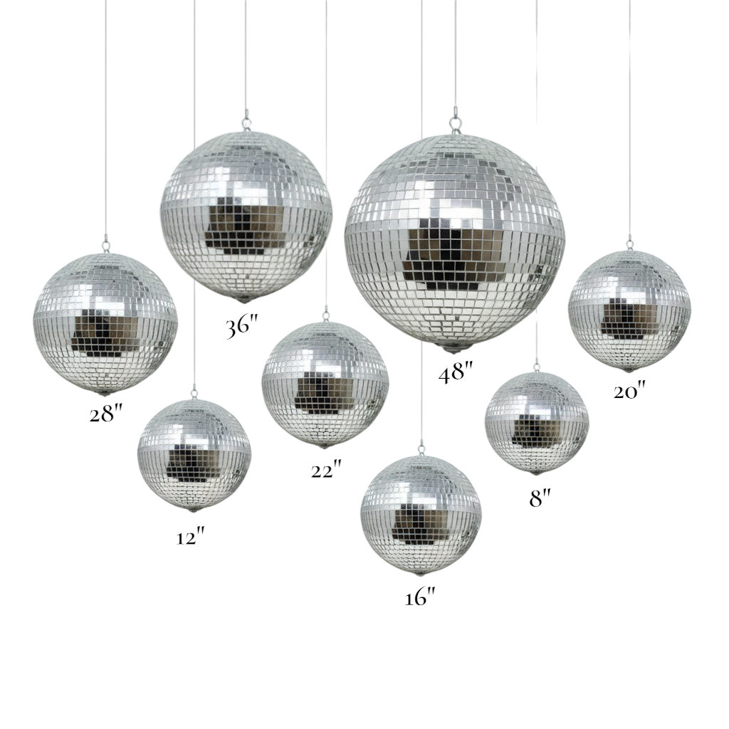 A collection of different sized disco balls from Omega Mirror, showing the range from 8 inches to 48 inches.