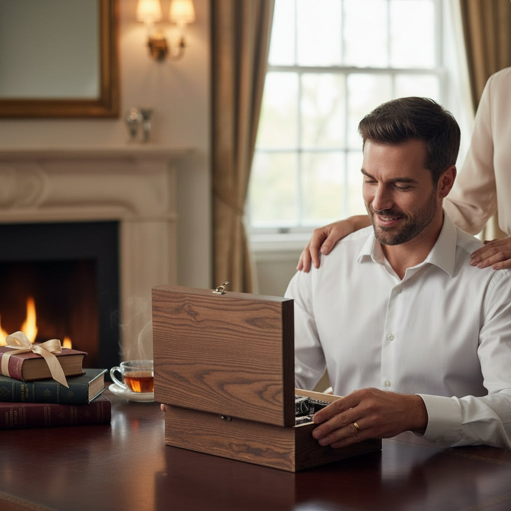 A couple smiling as they open the luxurious wooden gift box containing the whiskey glass set in a cozy room with a fireplace.