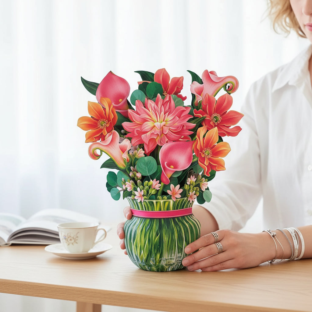 A person holding the 12-inch paper dahlia bouquet, showcasing its large scale and vibrant pink colors.