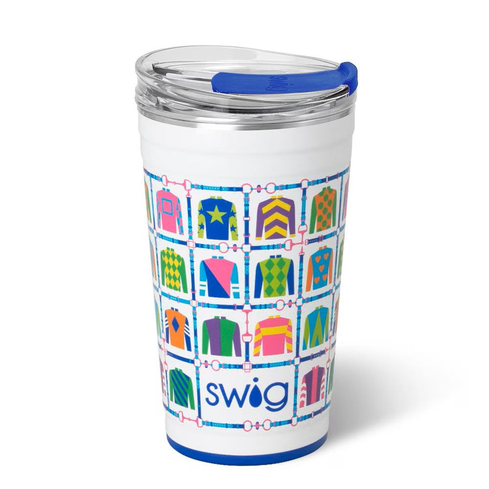 The Party Cup (24oz) in the Jockey Club print, featuring a stackable, large-capacity cup ready for any gathering.