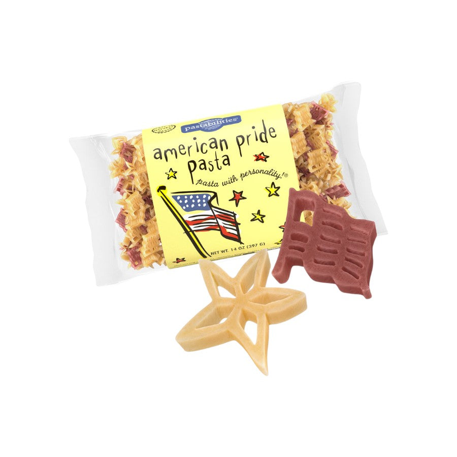 Packaged American Pride Pasta with two pasta pieces on a white background