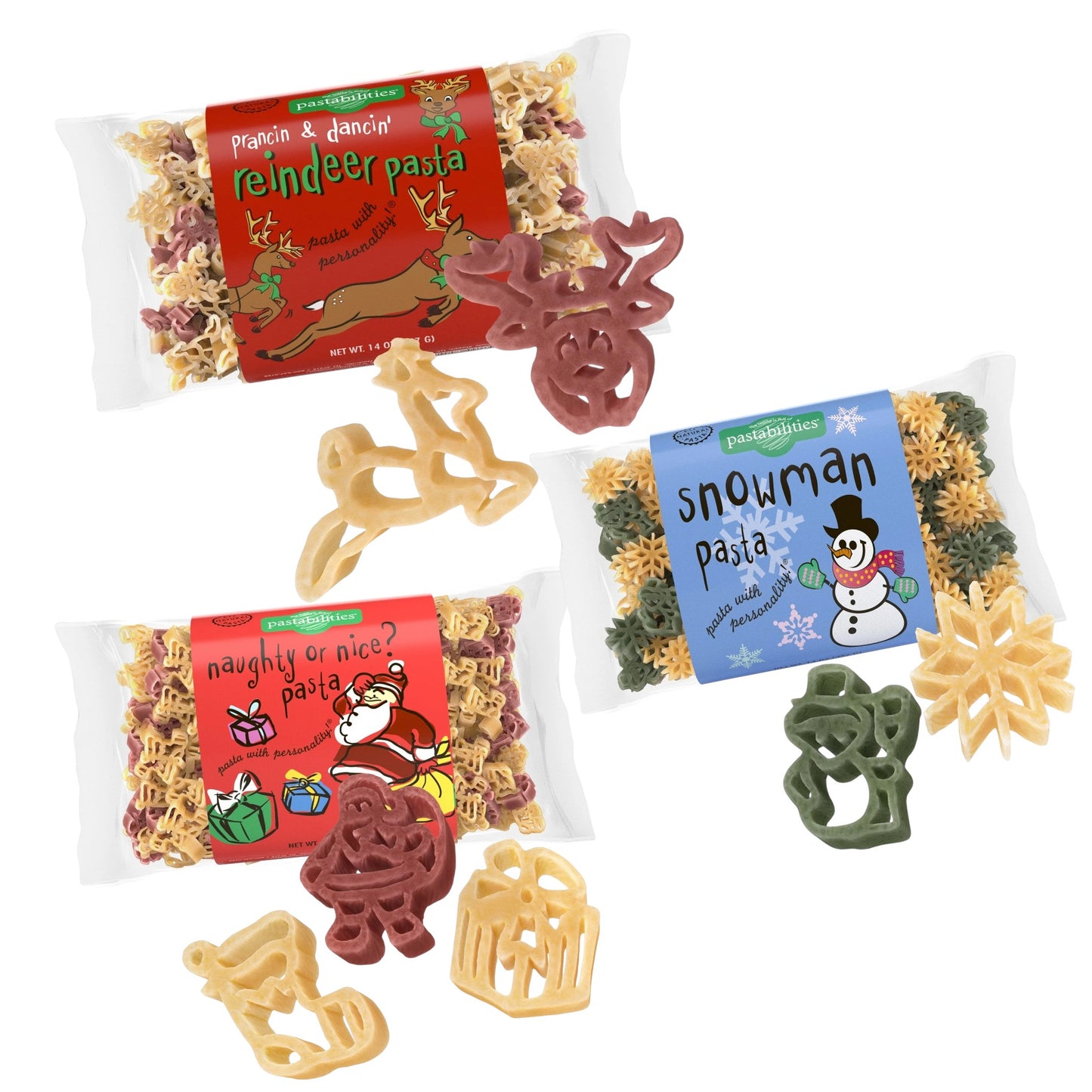 A festive group of three Pastabilities Christmas and winter themed pasta bags.
