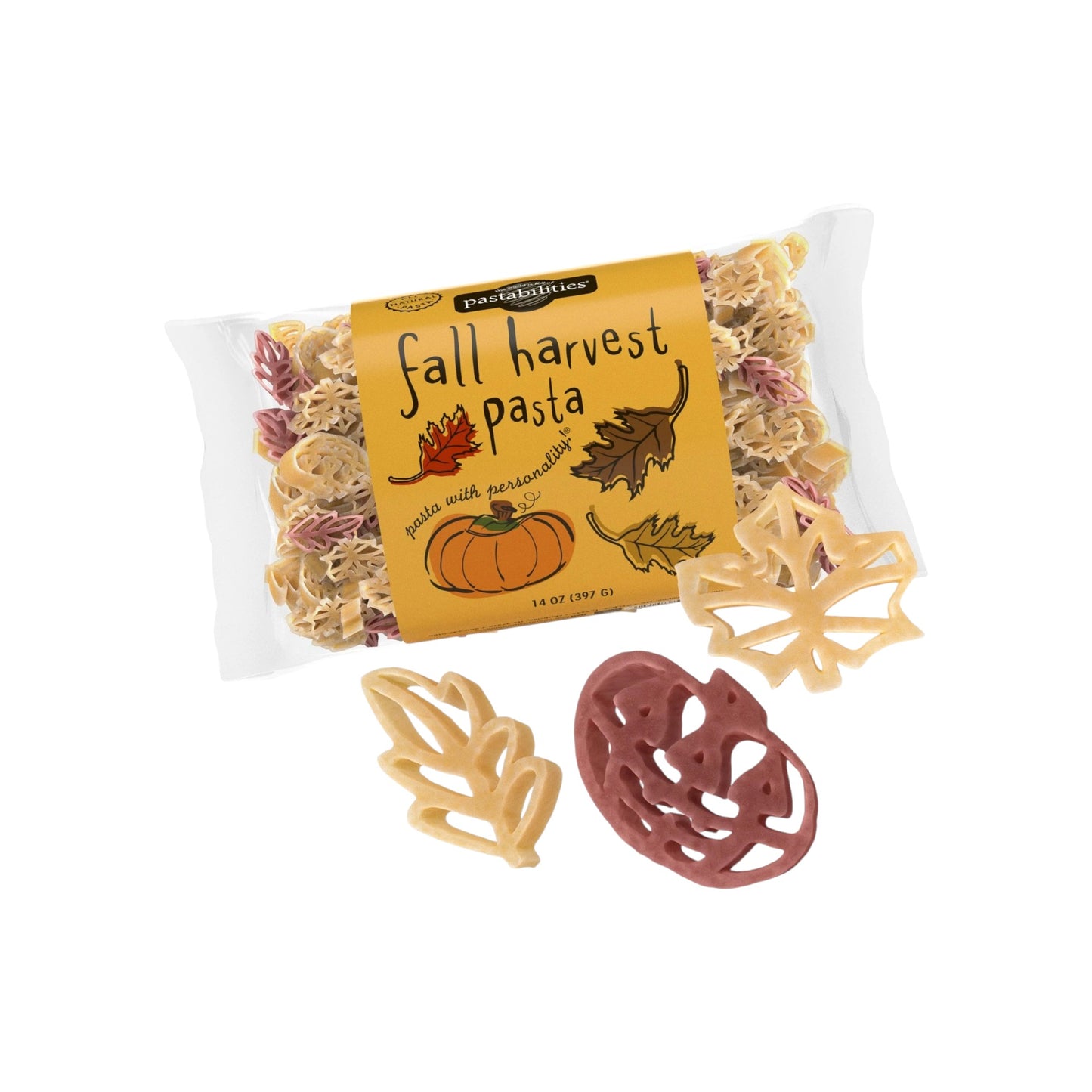 Packaged fall harvest pasta with decorative pieces on a white background