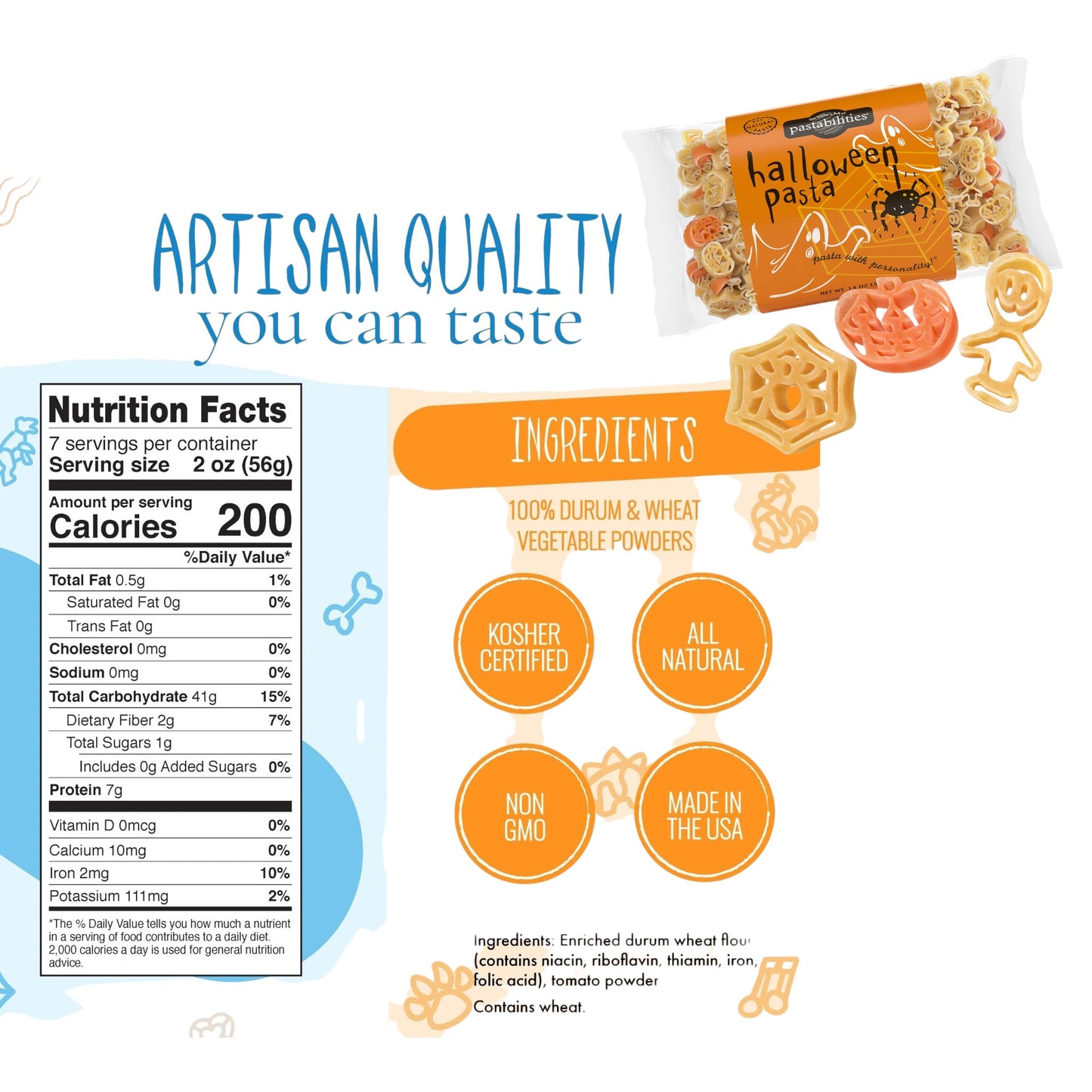 Nutrition facts and ingredients label for Halloween-themed pasta packaging.