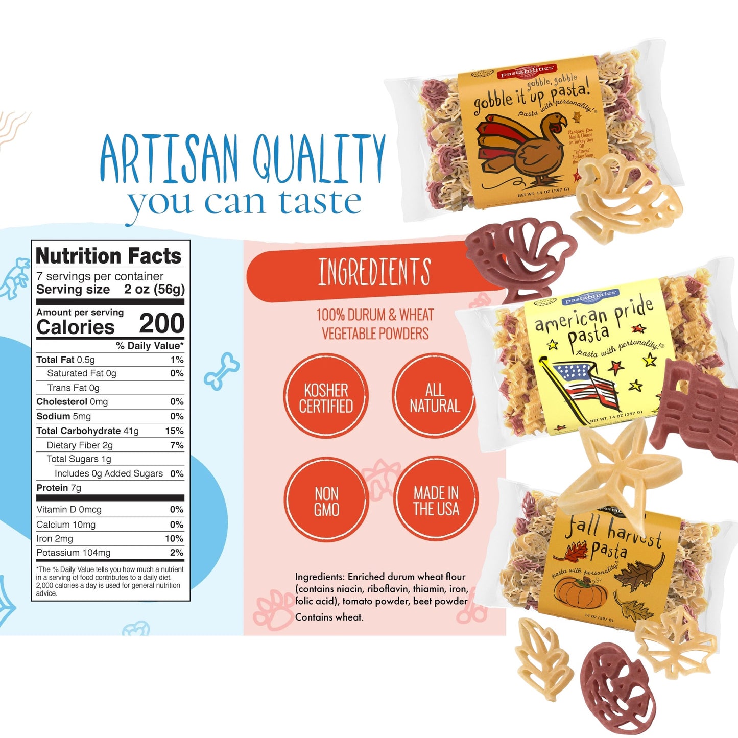 Pasta packages with labels and nutritional information on a white background