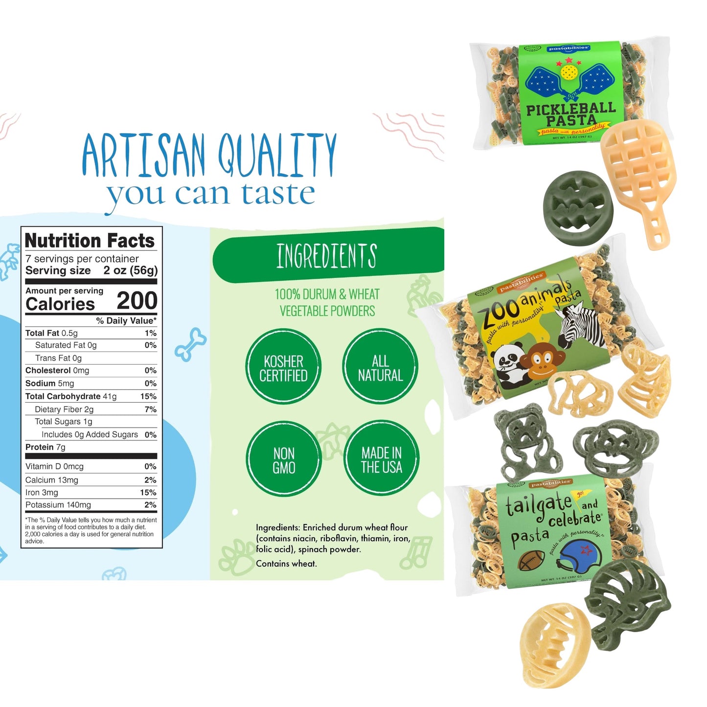 Packaging of Pickleball Pasta with nutrition facts, ingredients list, and product images.