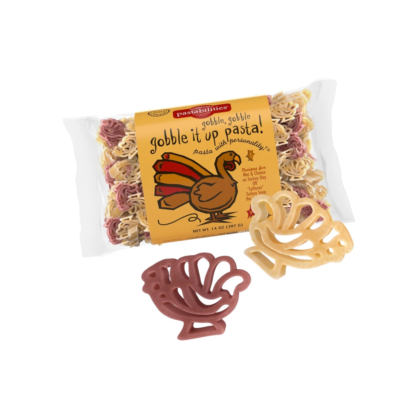 Pasta with a turkey shape and packaging labeled 'gobble it up pasta' on a white background.
