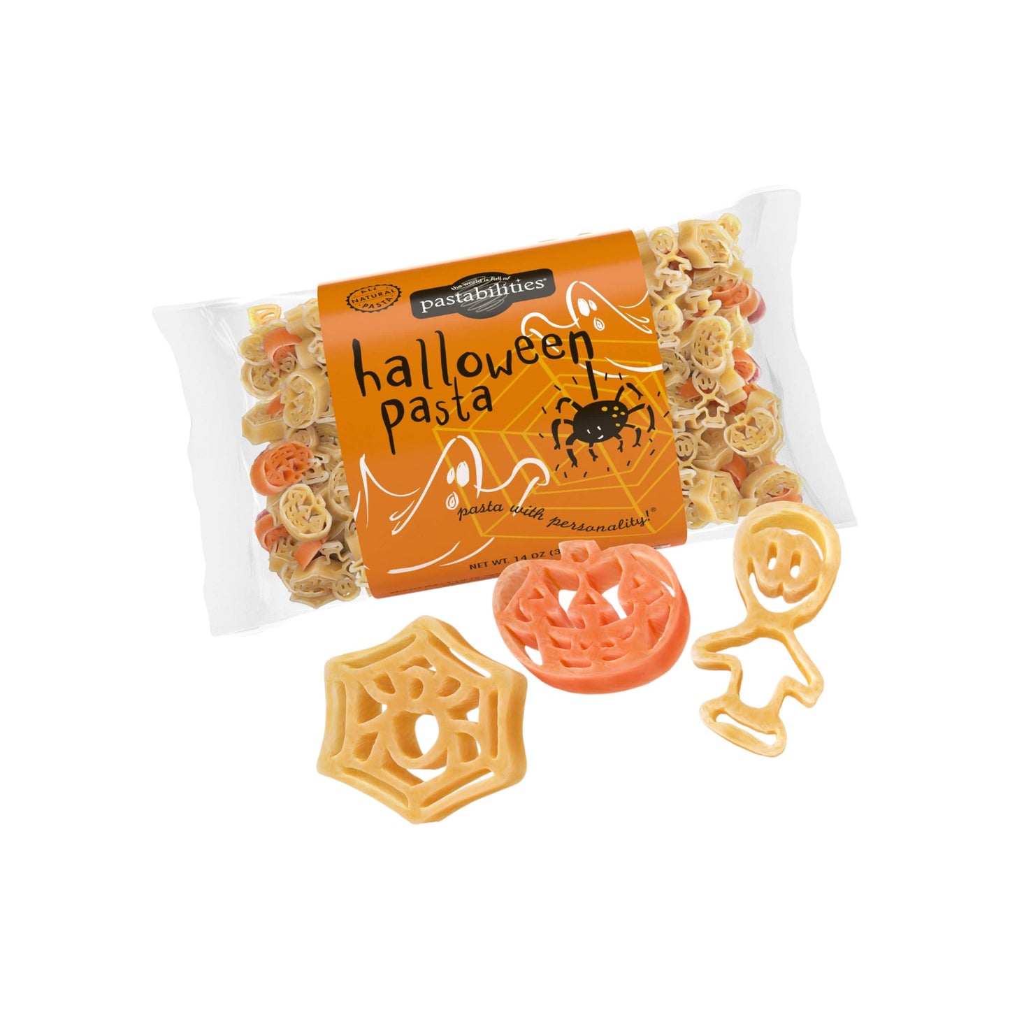 Packaged Halloween-themed pasta with spider, ghost, and skeleton designs on a white background.