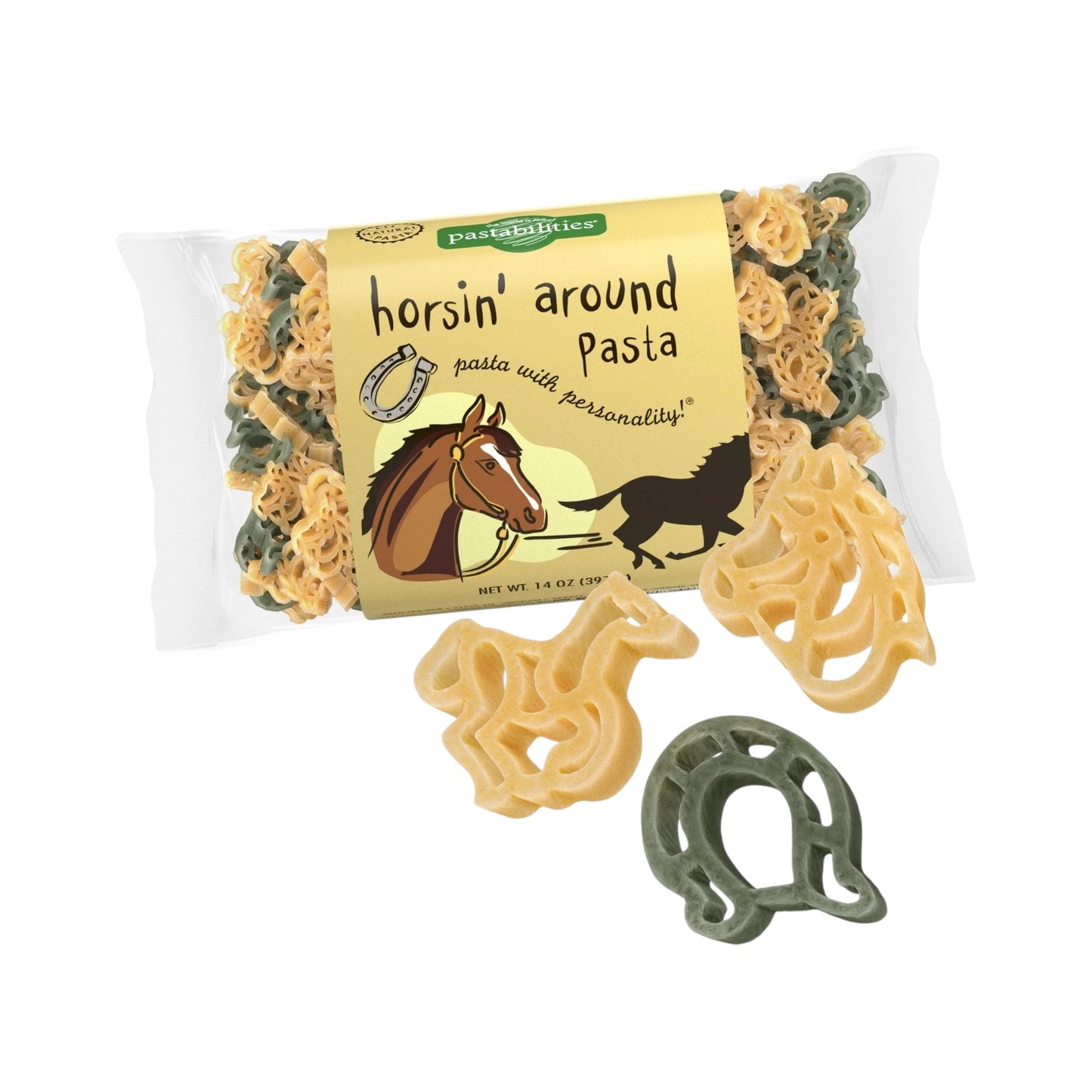 Horsin' around Pasta packaging with horse-themed pasta pieces on a white background