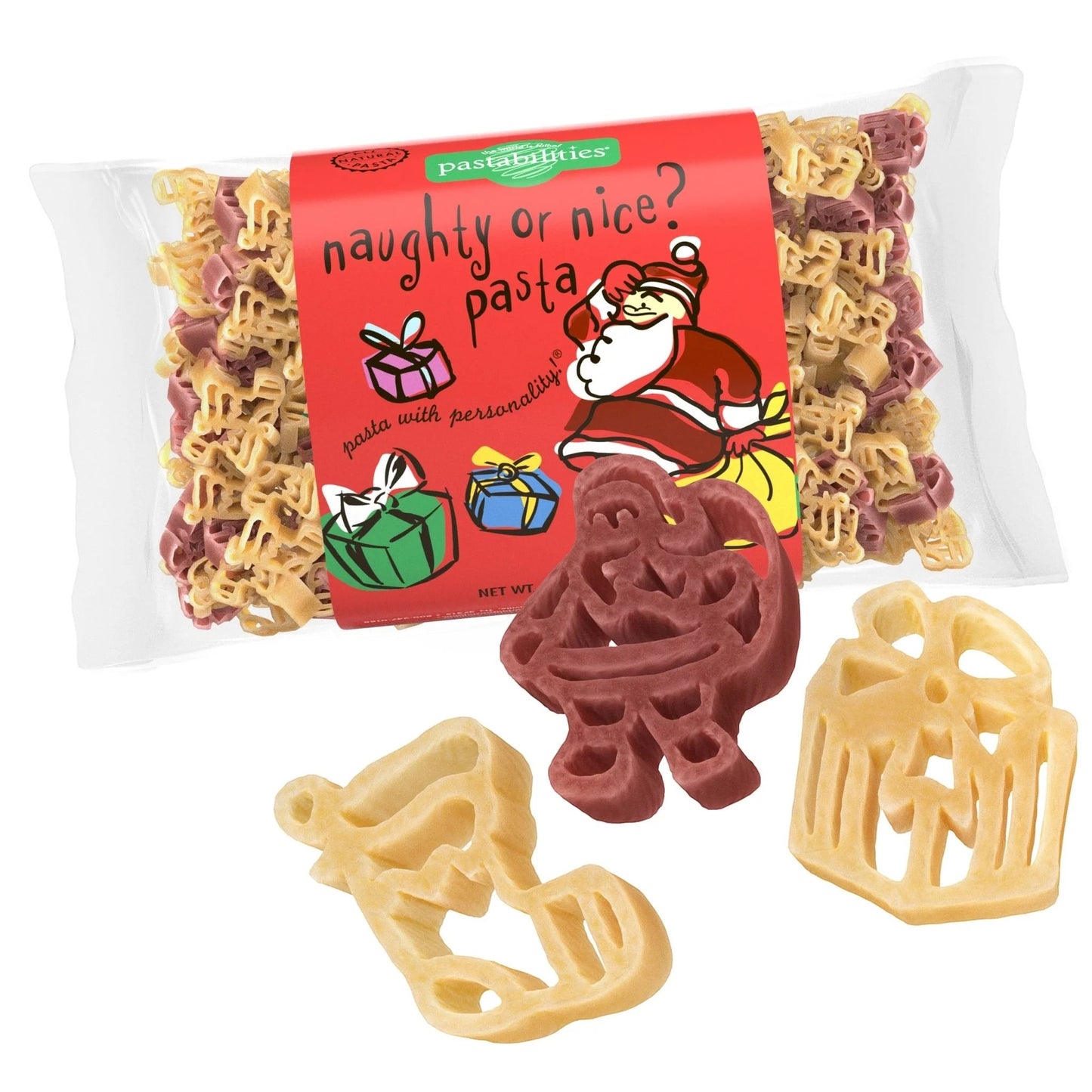 The Pastabilities Naughty or Nice pasta bag with coal and angel shaped pasta.
