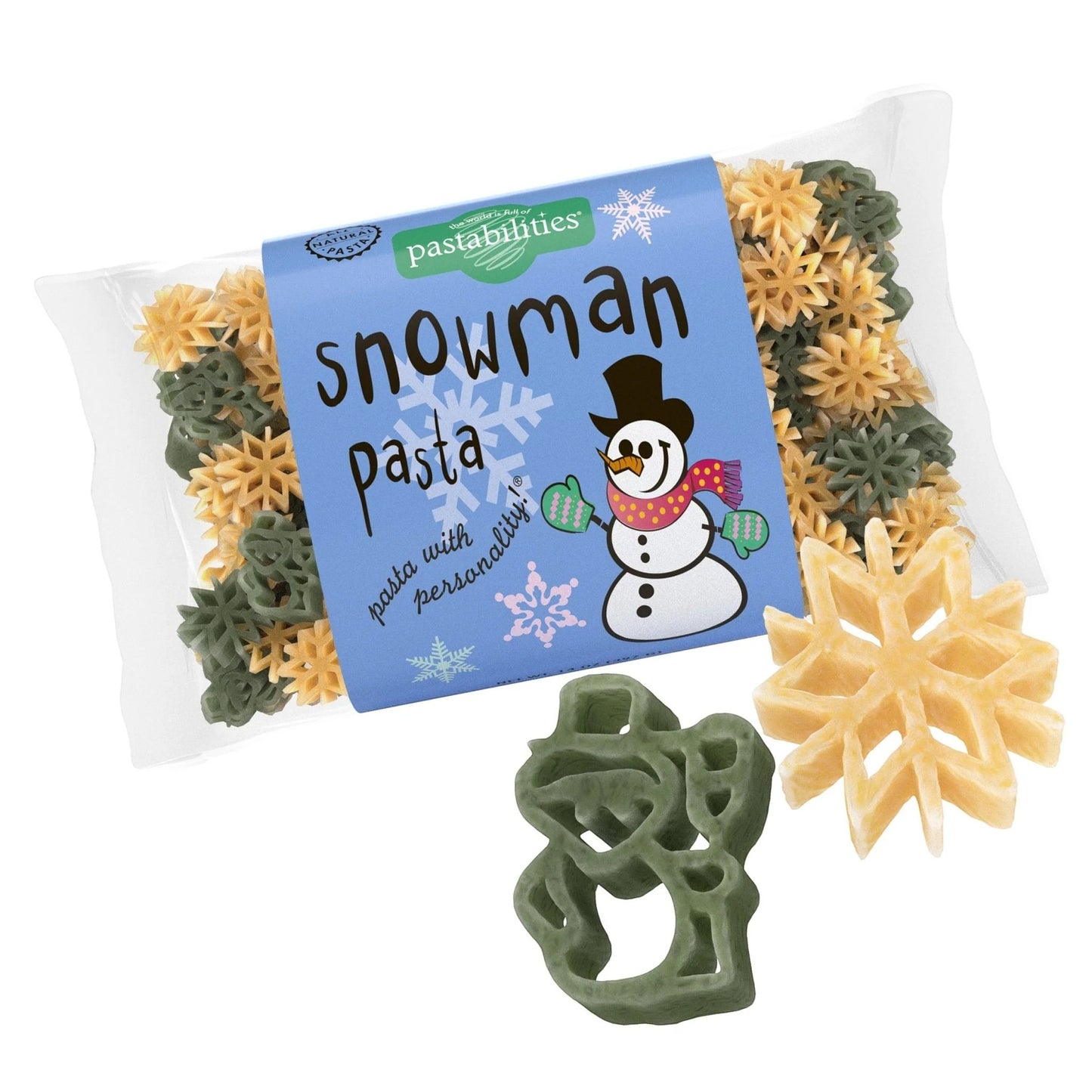 The front of the Pastabilities Snowman pasta bag showing fun snowman shapes.