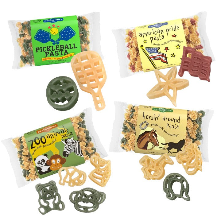 A collection of Pastabilities pasta bags featuring Horsin' Around, Zoo Animals, Pickleball, and American Pride themes.