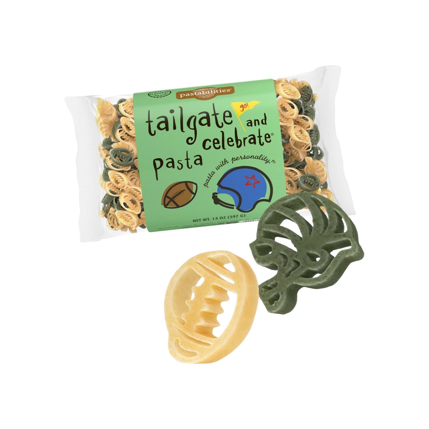 Packaged pasta with a decorative label on a white background