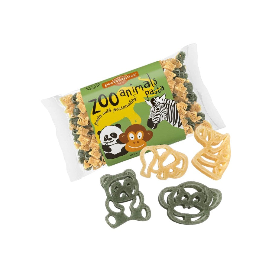 Zoo animals pasta packaging with pasta pieces on a white background