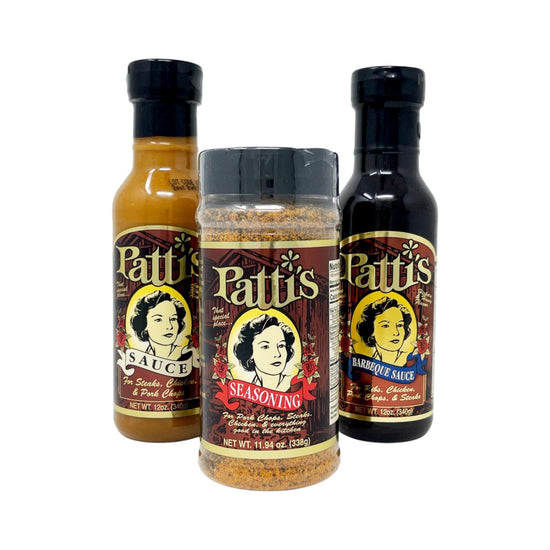 Three bottles of Patti's barbecue products on a white background